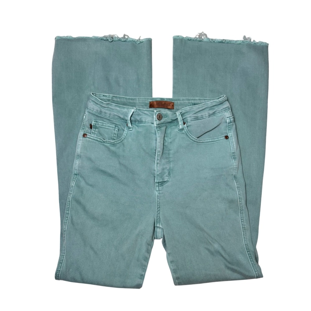 Judy Blue Flare Jeans Turquoise Size 7/28 Raw Hem Boutique Western Cowgirl Boho